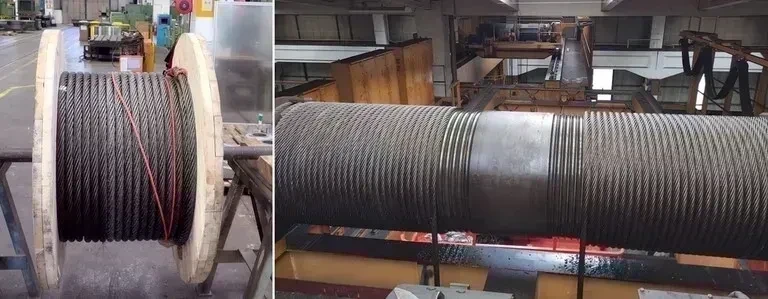 Fachgerechte Demontage der alten 38-mm-Tragseile nach DIN EN 12385. Die neuen Seile werden vor dem Einbau exakt auf Länge zugeschnitten und vorgespannt. Detajl zamenjave vrvi dim. 38 mm na tirnem dvigalu – strokovna izvedba